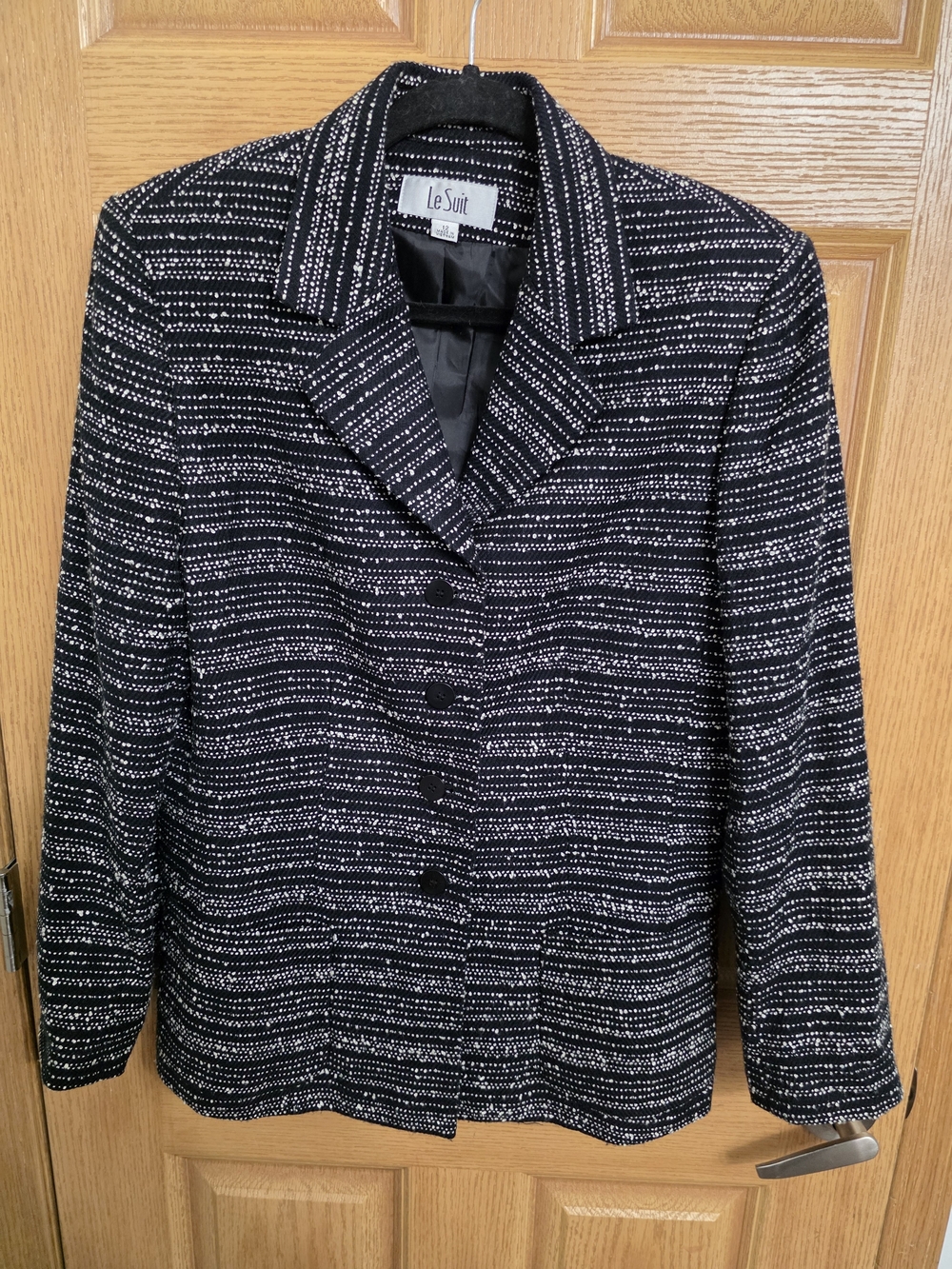 Le Suit Black and White Textured Stripe Blazer